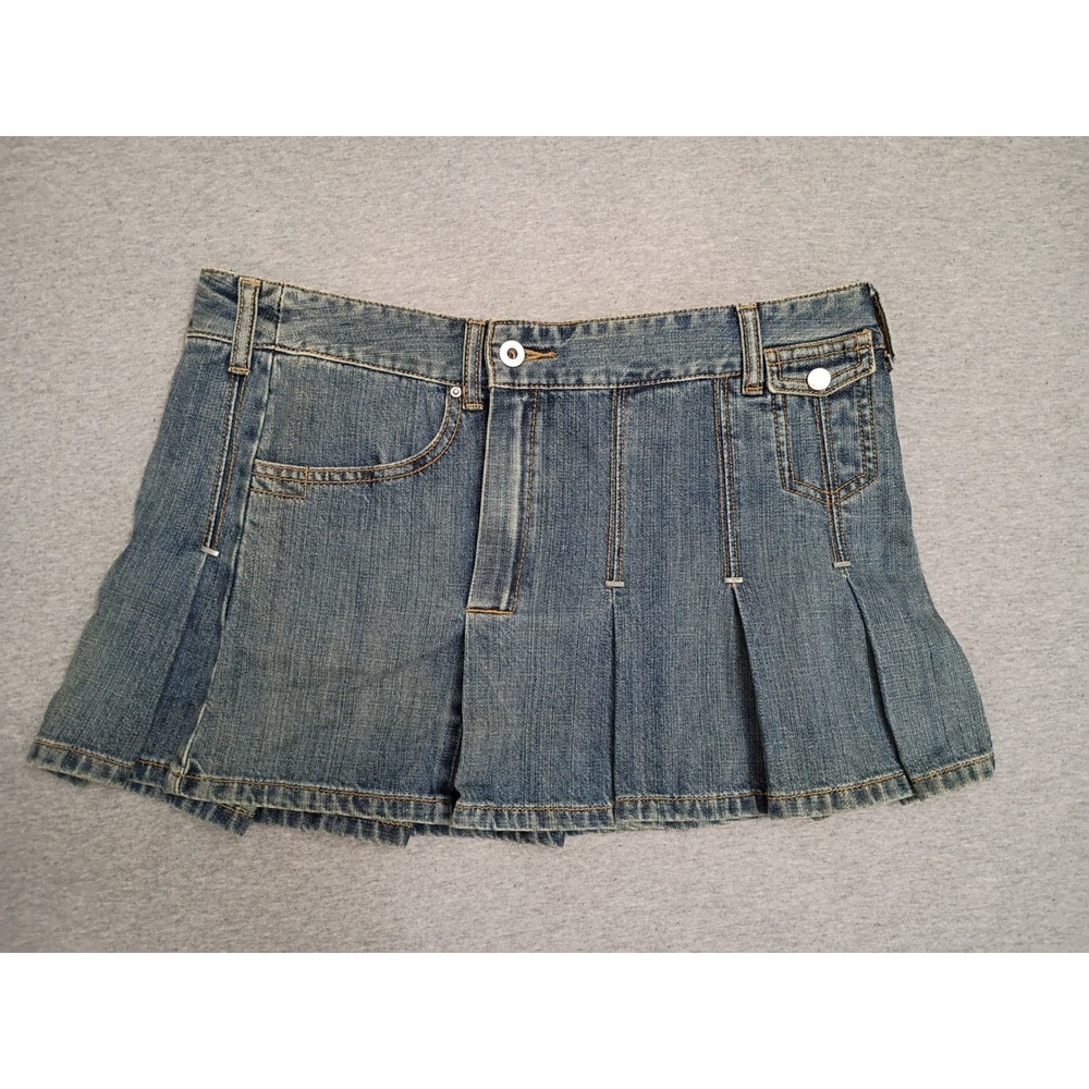 Denim Pleated Ruffle Mini Skirt Low Rise Billabong Sz 9 Staples Skater Blue Jean